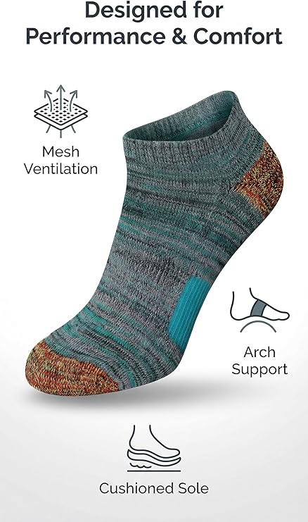 Teal sock with brown accents on a white background, featuring text and icons about performance and comfort.