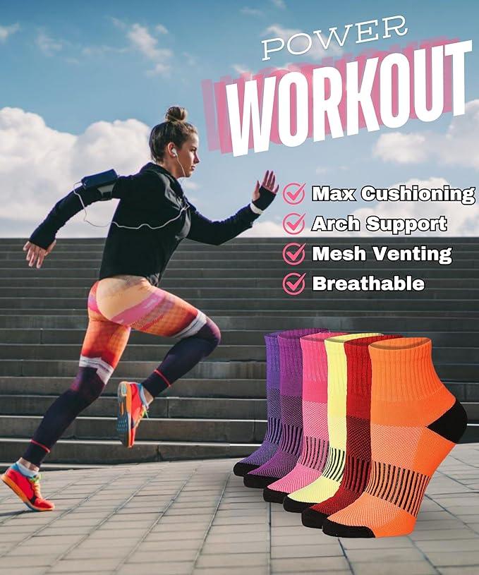 Women's 6-Pairs Running & Athletic Sports Performance White Color-Sole Blue Green Yellow Quarter Socks - Socks