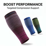 Three compression calf sleeves shown on a white background with promotional text at the top reading 'BOOST PERFORMANCE Targeted Compression Support.' The front sleeve is large and dark purple-to-pink with a visible RONNOX logo near the top; the two smaller sleeves behind it are blue and green gradient versions.