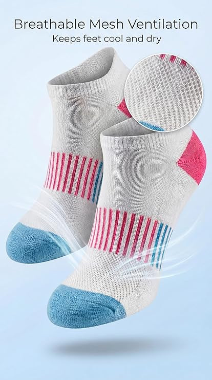 Gray socks with red and blue accents on a light blue background, featuring breathable mesh text.