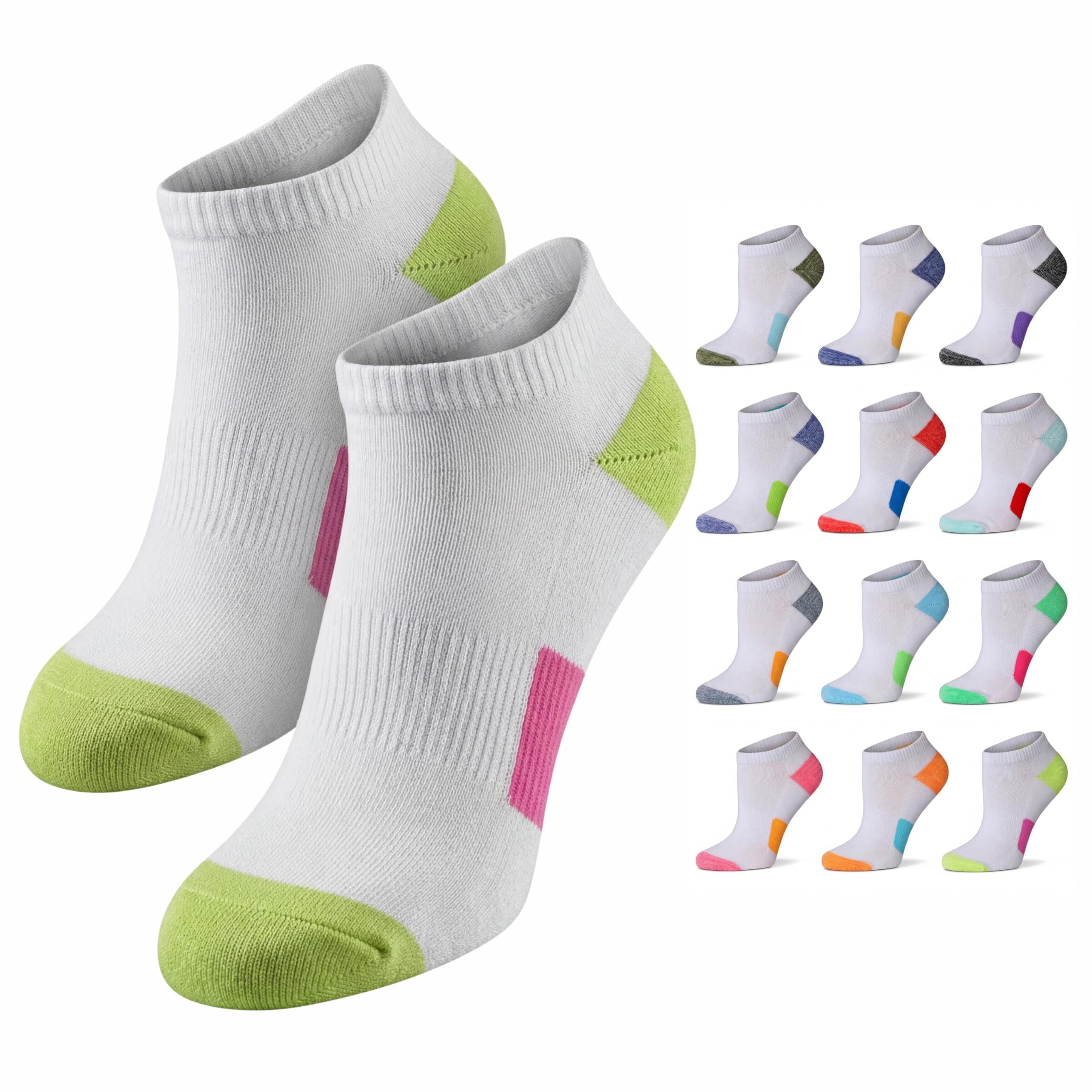 White socks with green and pink accents, displayed with additional pairs in the corner.
