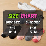A size chart graphic overlaid on a flat lay of assorted ankle socks and a white sneaker on a light wood surface. The chart reads 'SIZE CHART' and lists sock sizes 9-11 and 10-13 alongside shoe sizes 6-10 and 10-13, with several sock colorways shown.