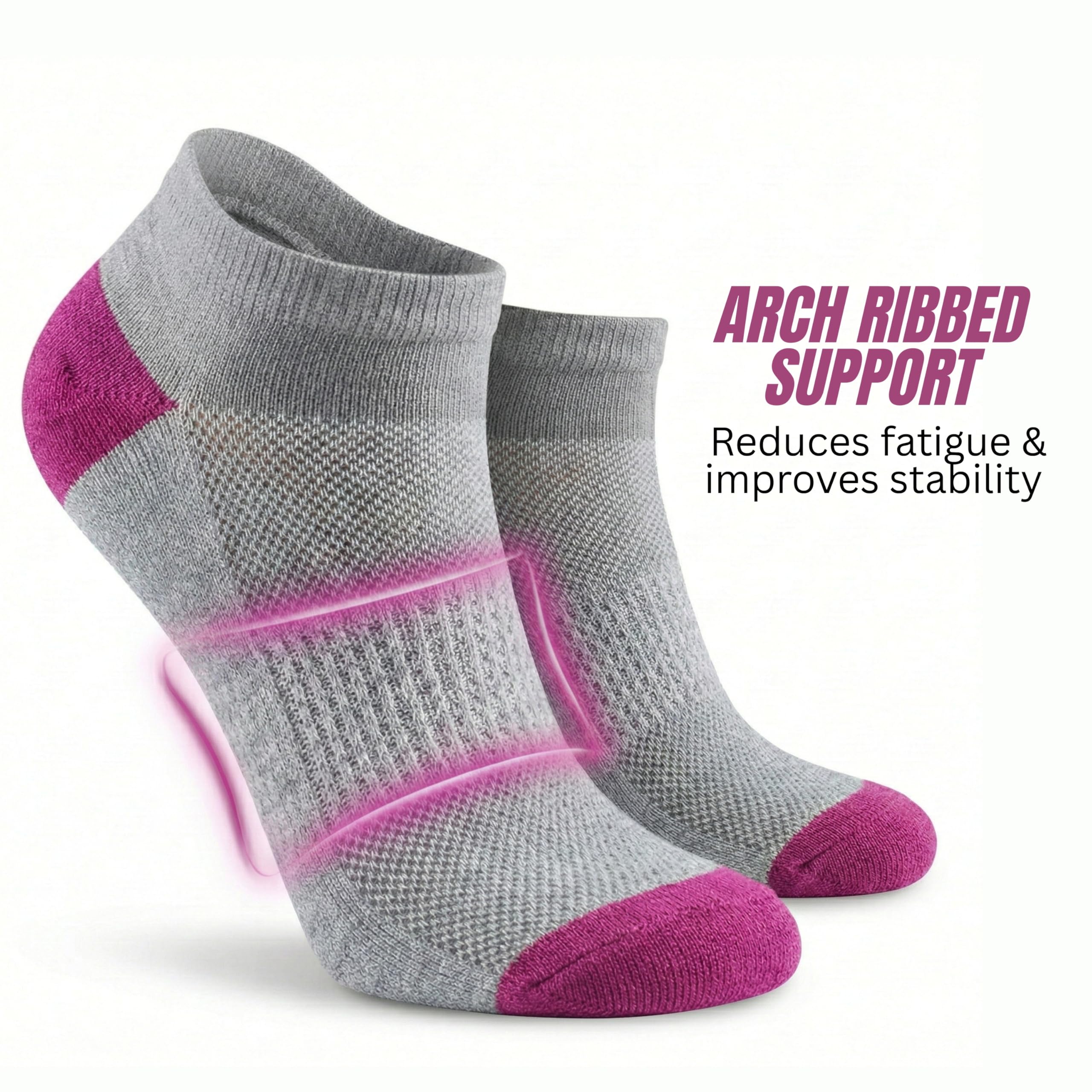 Gray and pink ankle socks with arch ribbed support on a white background