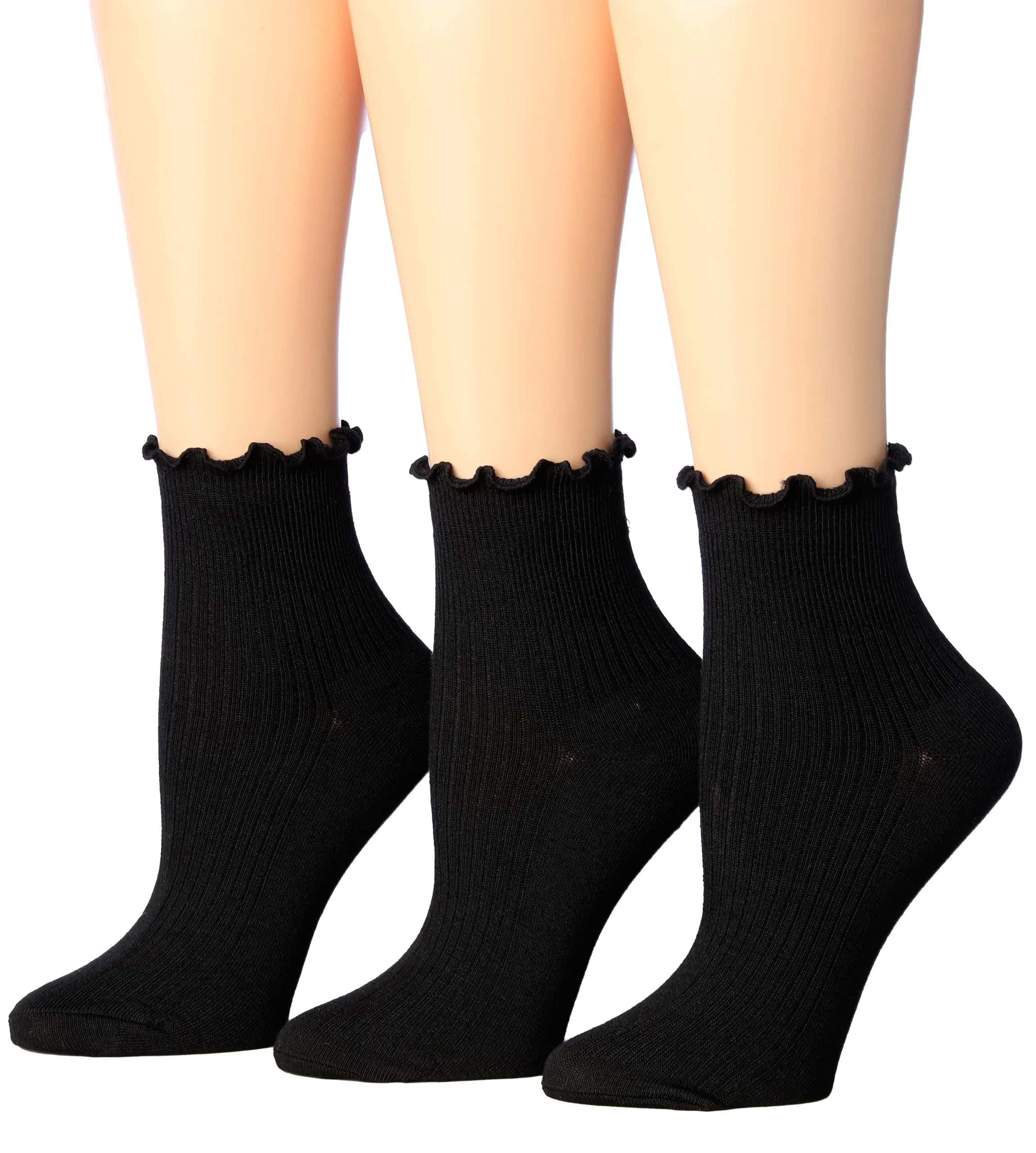 Solid Black Turn-Cuff Ruffle Socks