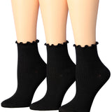 Tipi Toe Womens Black Turn-Cuff Solid Lettuce Edge Lightweight Quarter Length Ruffle Socks