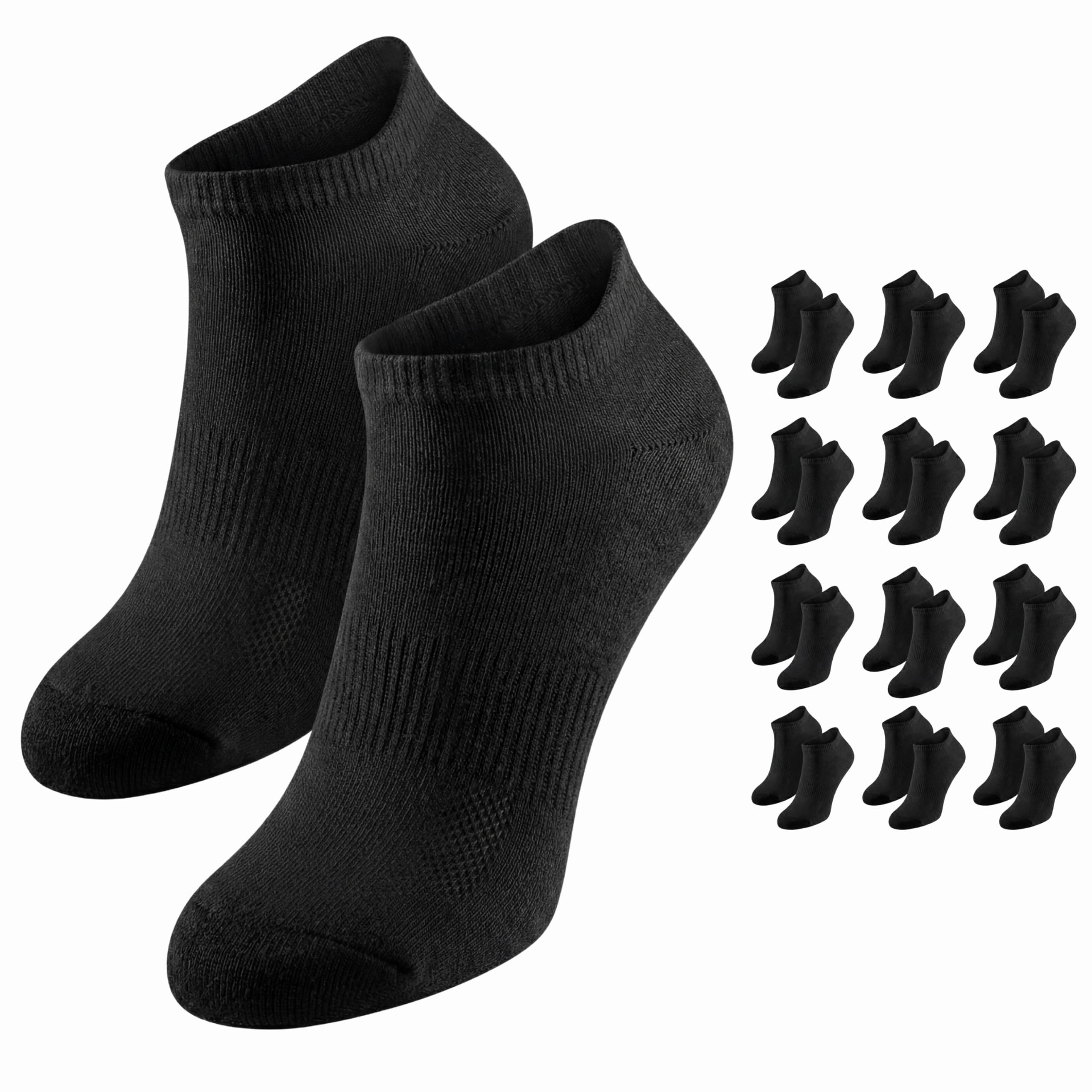 Two black ankle socks with a set of additional black socks displayed on a white background.