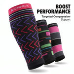 Three compression calf sleeves from Ronnox are displayed against a white background with promotional text reading 'BOOST PERFORMANCE Targeted Compression Support.' The front sleeve is black with pink, purple, and red chevron patterns and a pink top band with the Ronnox logo.