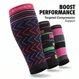 Three compression calf sleeves from Ronnox are displayed against a white background with promotional text reading 'BOOST PERFORMANCE Targeted Compression Support.' The front sleeve is black with pink, purple, and red chevron patterns and a pink top band with the Ronnox logo.