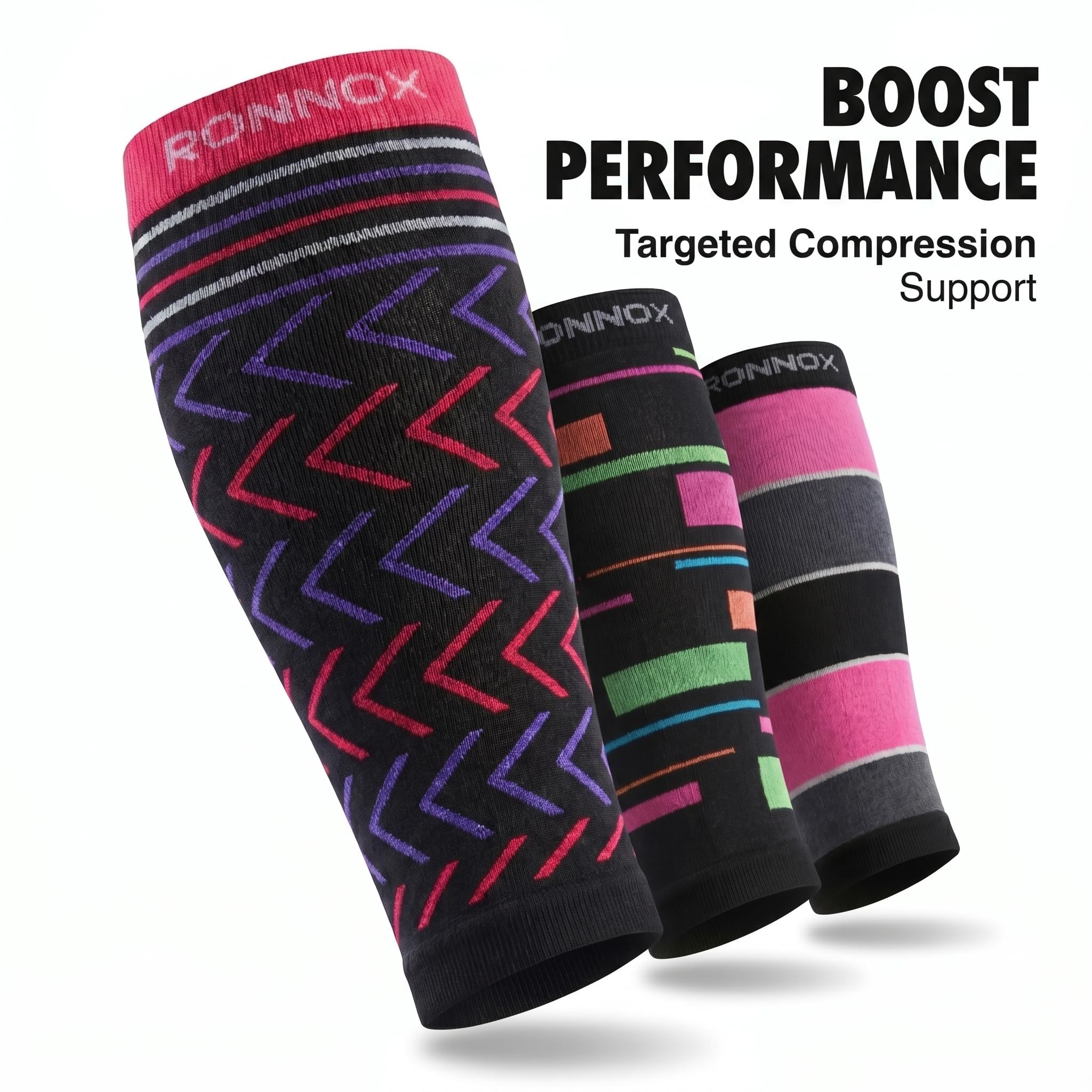 Three compression calf sleeves from Ronnox are displayed against a white background with promotional text reading 'BOOST PERFORMANCE Targeted Compression Support.' The front sleeve is black with pink, purple, and red chevron patterns and a pink top band with the Ronnox logo.