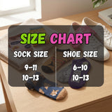A size chart overlay on a wooden table showing sock and shoe size conversions, with several socks and a white sneaker arranged around the text.