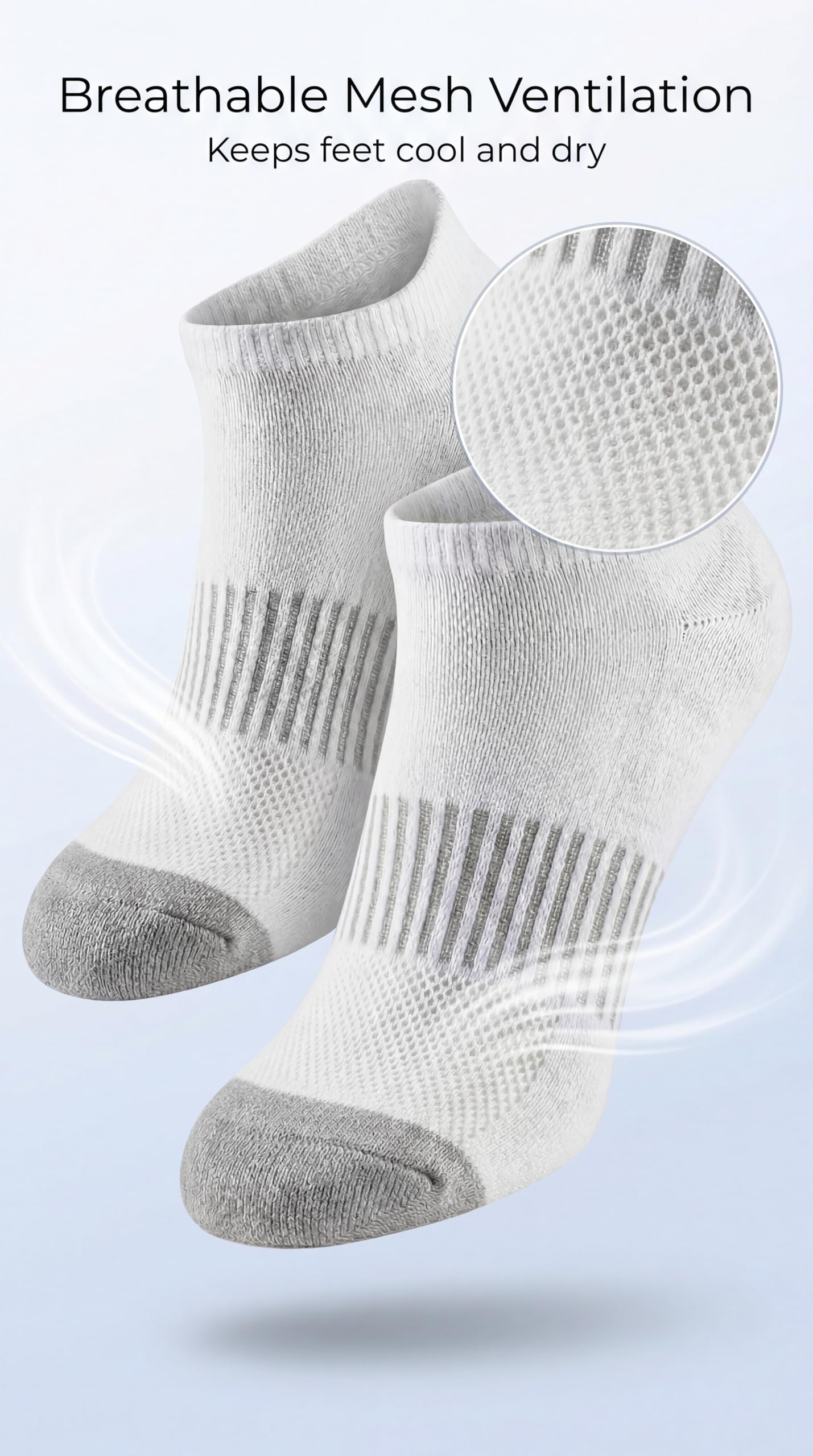 White socks with gray toes and heels on a light blue background, highlighting breathable mesh ventilation.