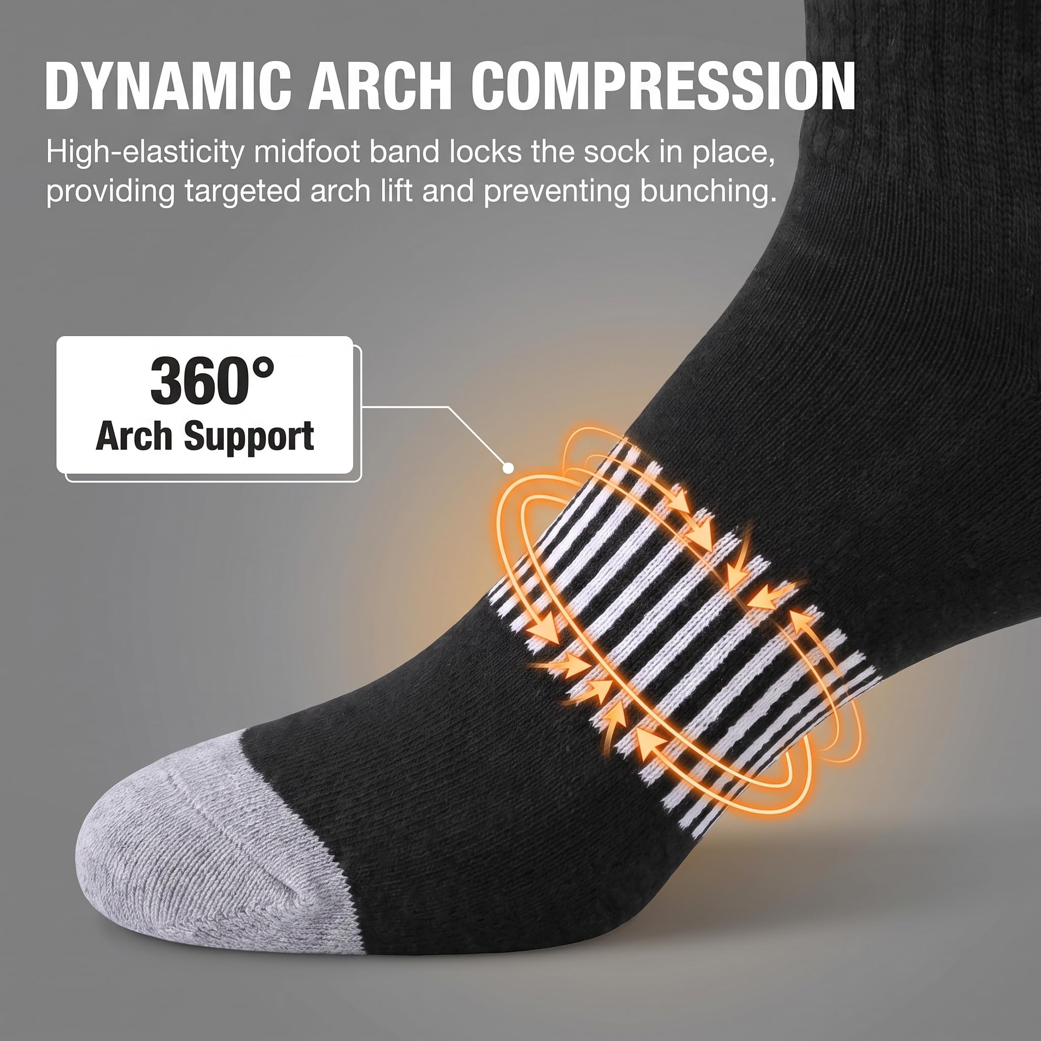 A black athletic sock with a gray toe and a white-and-black striped midfoot band, shown on a foot against a gray background with marketing text about arch support and compression.