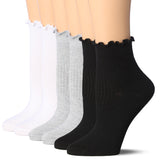 Tipi Toe Womens White/Grey/Black Turn-Cuff Solid Lettuce Edge Lightweight Quarter Length Ruffle Socks