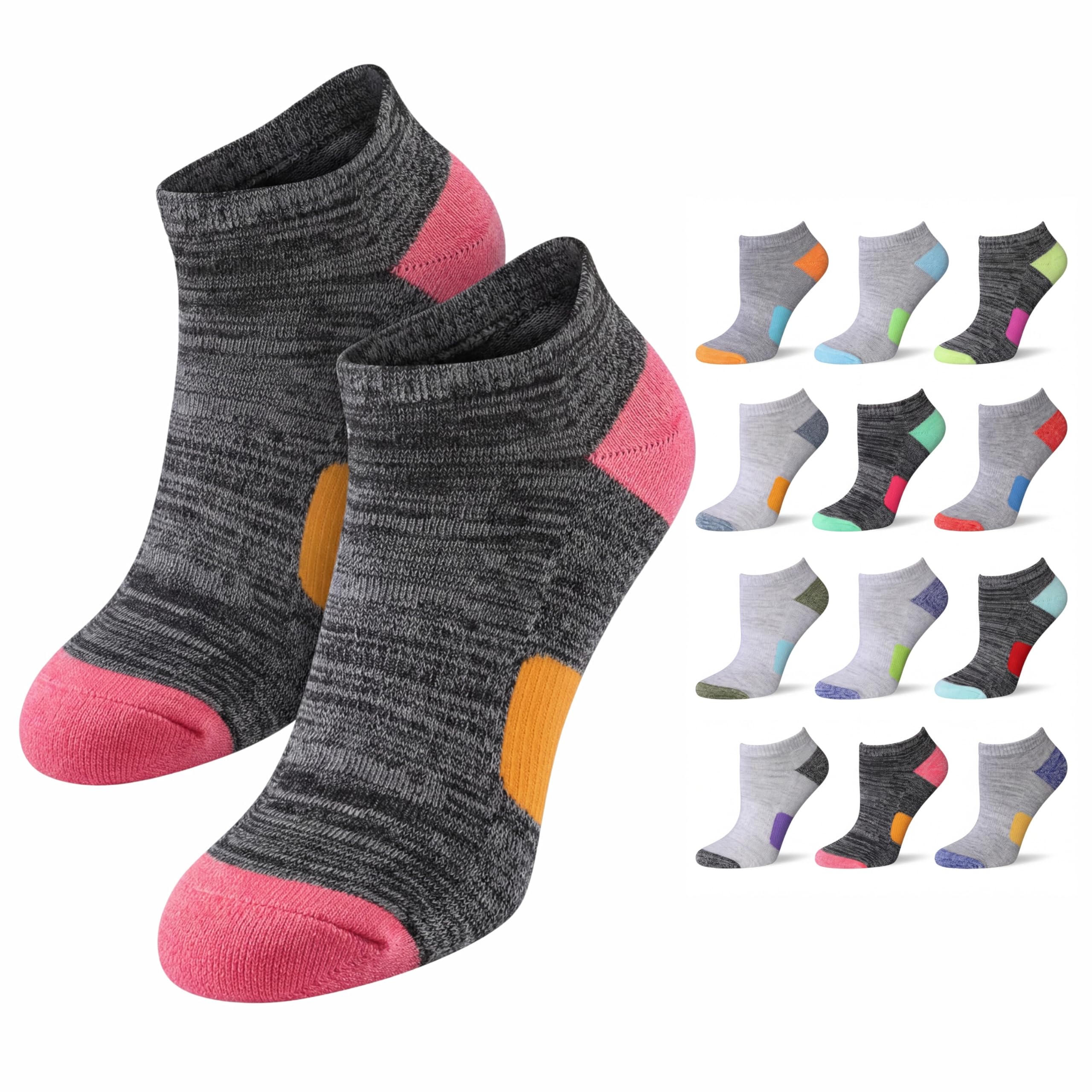 Gray socks with pink toes and orange accents, shown with multiple color variations on a white background.