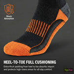 Black and orange sock with 'Shock Absorption' logo and text about heel-to-toe full cushioning on a dark background.