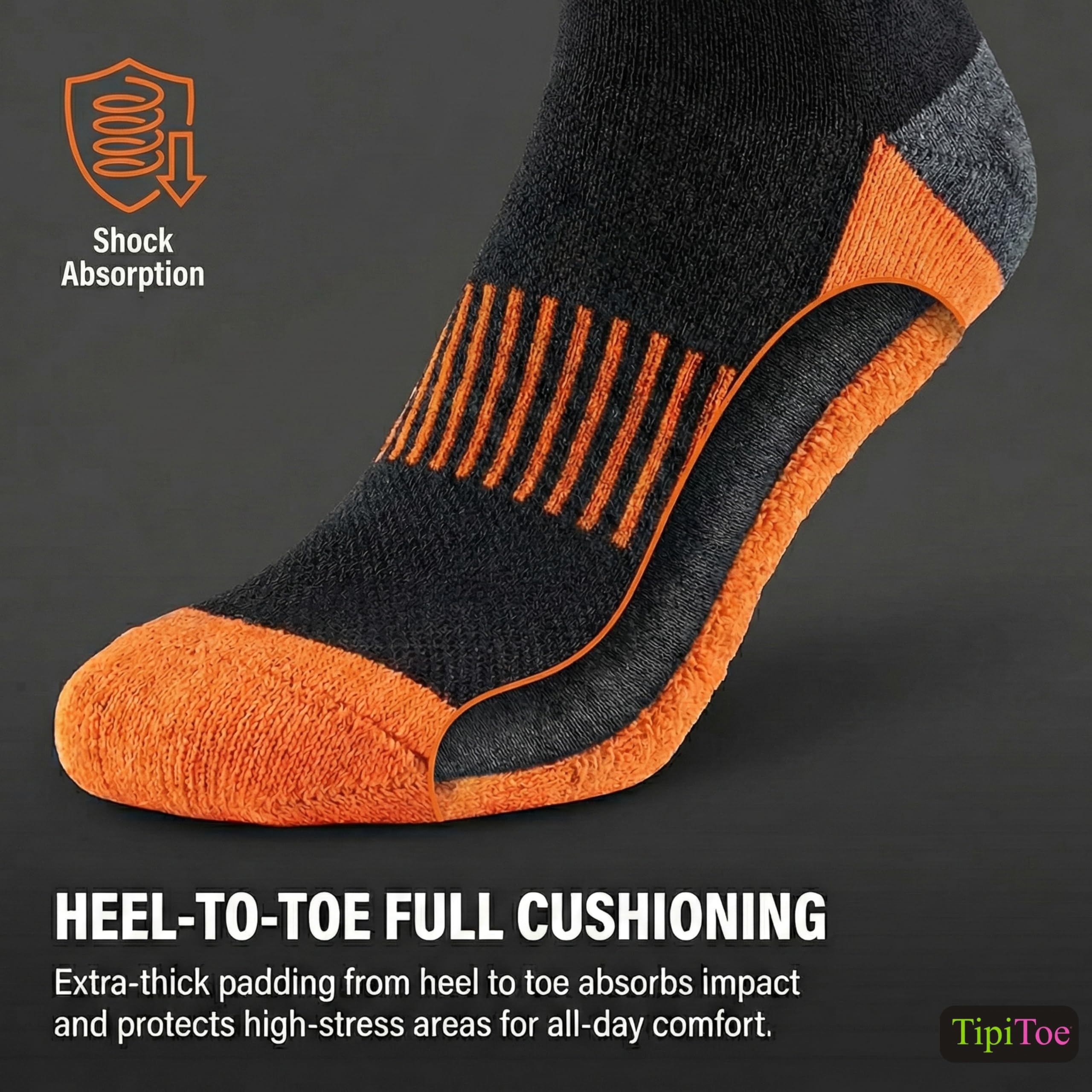 Black and orange sock with 'Shock Absorption' logo and text about heel-to-toe full cushioning on a dark background.