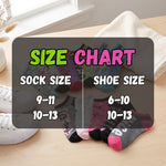 A size chart overlay for socks and shoes, showing sock sizes 9-11 and 10-13 paired with shoe sizes 6-10 and 10-13, with several pairs of socks displayed on a wooden table.