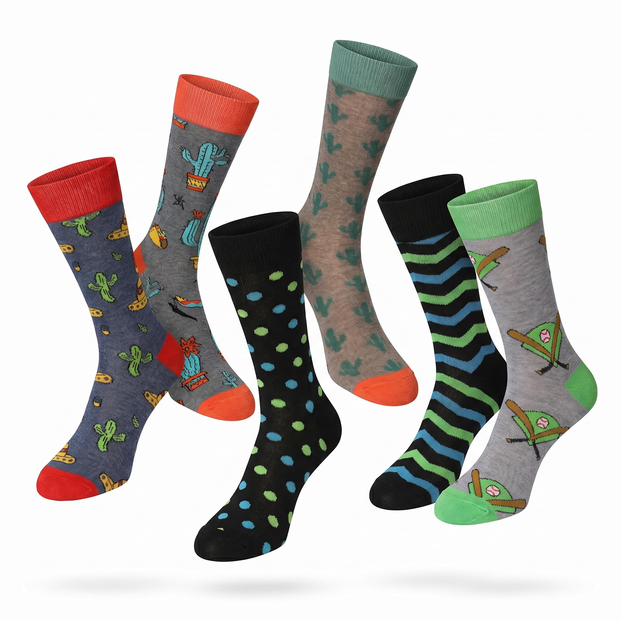 Six pairs of patterned crew socks floating against a light gray background. The designs include cactus prints on gray and navy socks, a teal pattern on beige, blue polka dots on black, green and blue stripes on black, and green accents on gray with cartoon characters.