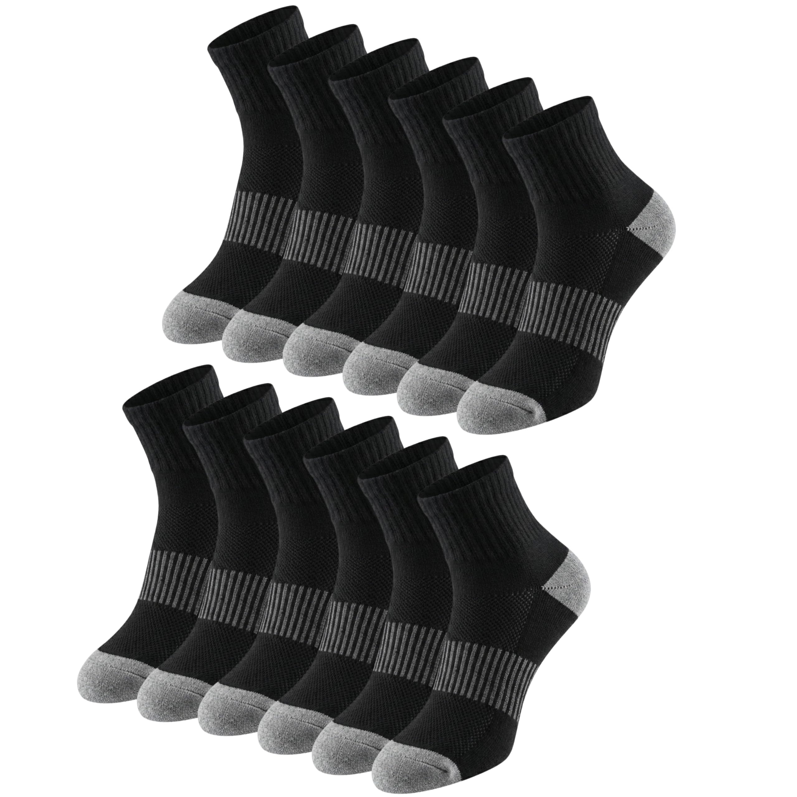 Multiple pairs of black socks with gray accents on a white background
