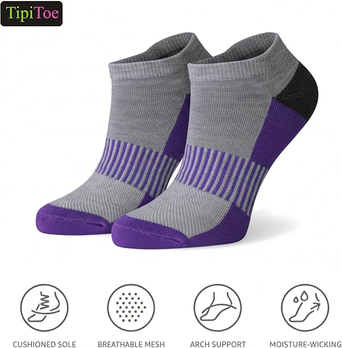 Gray and purple socks with features on a white background