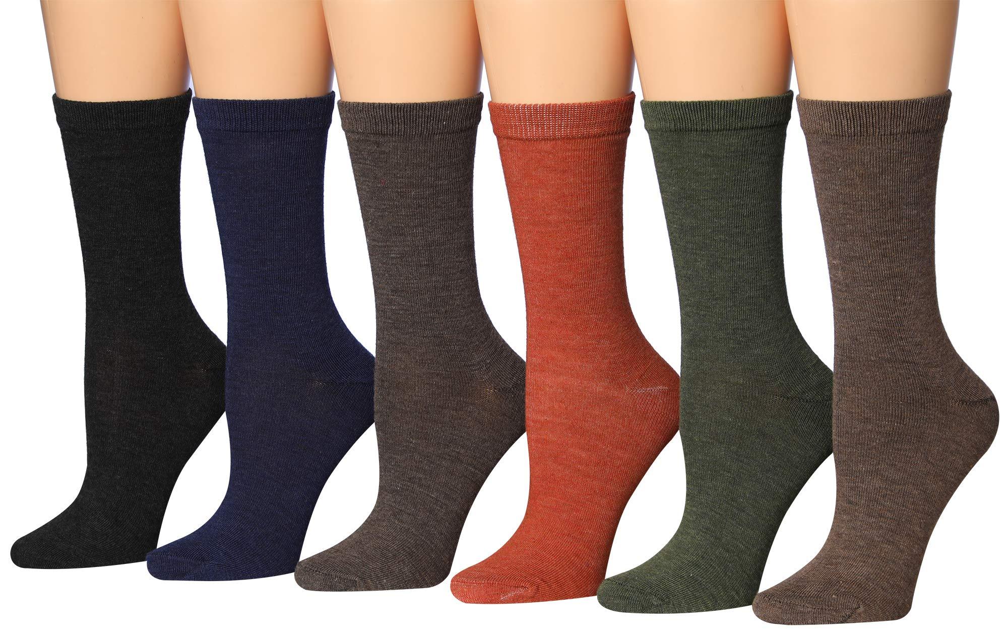 Women's 6-Pairs Colorful Nighttime Harmony Funky Solid Black Blue Brown Peach Green Crew Dress Socks - Socks