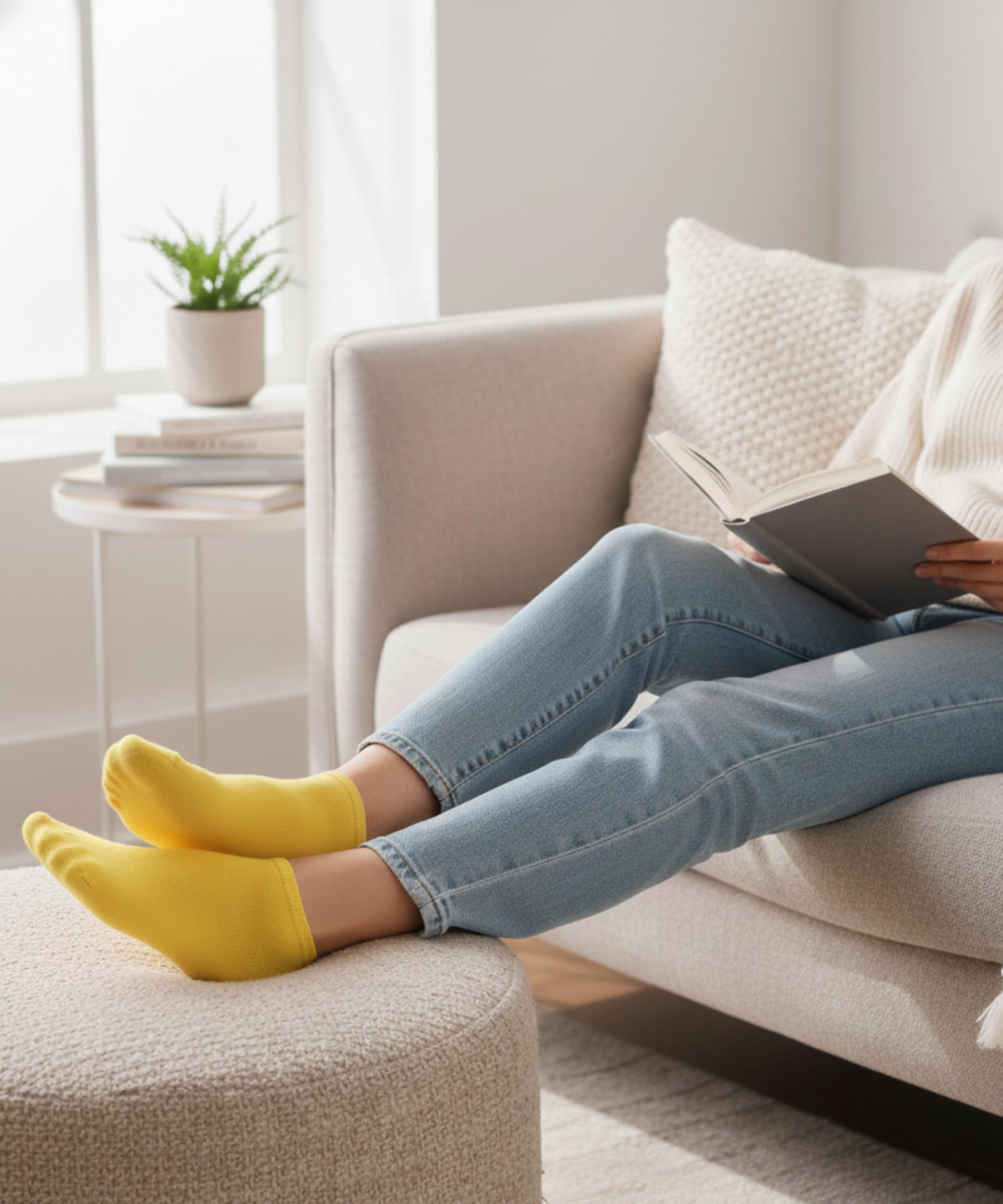 Person wearing yellow socks and blue jeans sitting on a couch with a tablet.