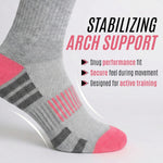A single gray athletic sock with pink toe and heel accents, shown against a light gray background with promotional text reading 'STABILIZING ARCH SUPPORT' and feature bullet points.