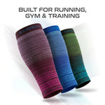 Three athletic compression sleeves by Ronnox are shown diagonally on a white background with the text 'BUILT FOR RUNNING, GYM & TRAINING' at the top. The sleeves feature gradient color designs in purple/magenta, blue, and green/black.