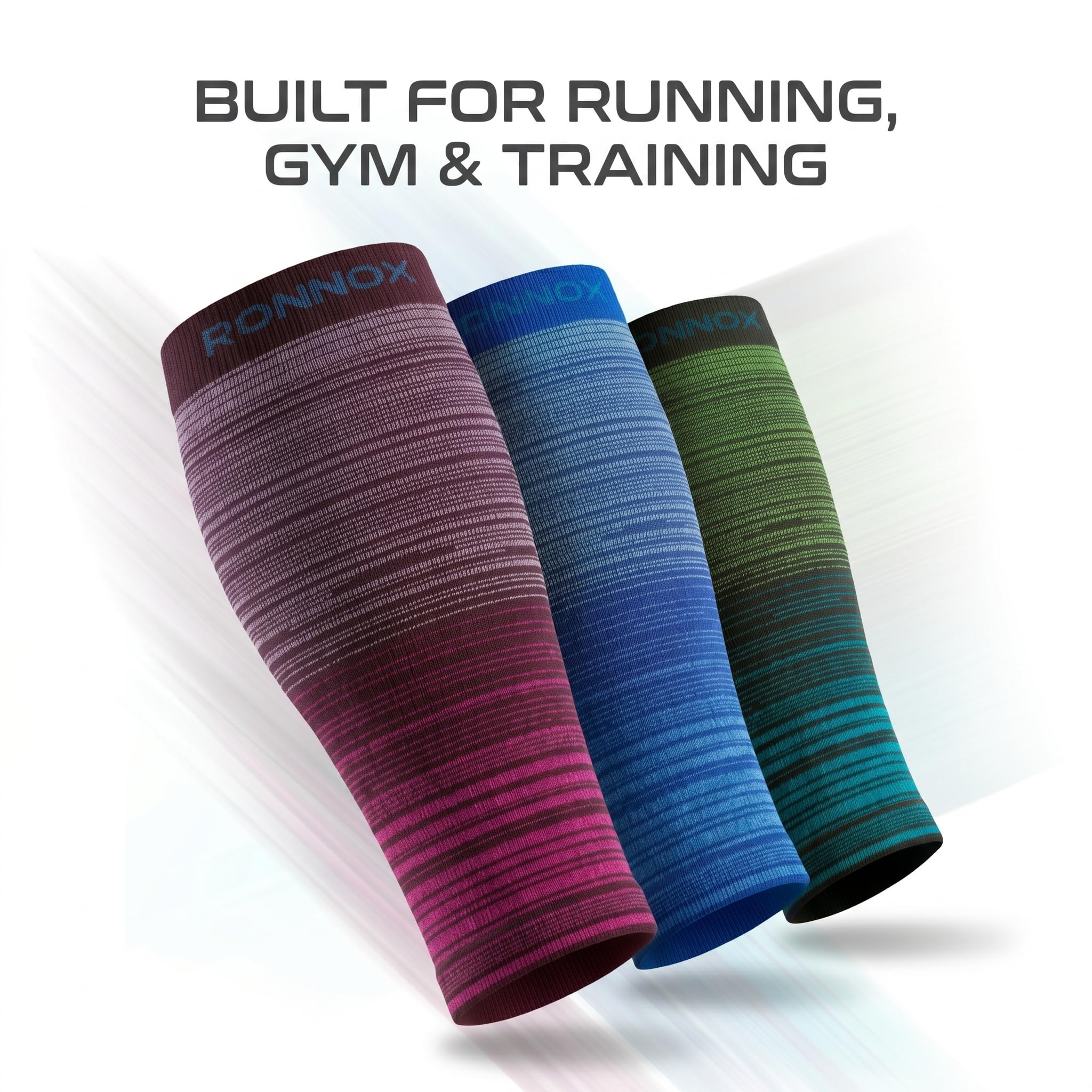 Three athletic compression sleeves by Ronnox are shown diagonally on a white background with the text 'BUILT FOR RUNNING, GYM & TRAINING' at the top. The sleeves feature gradient color designs in purple/magenta, blue, and green/black.