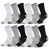 Eight pairs of crew socks arranged in two rows of four on a light gray background. The socks come in white, light gray, and black colorways, with ribbed cuffs and striped cushioning zones on the sides.