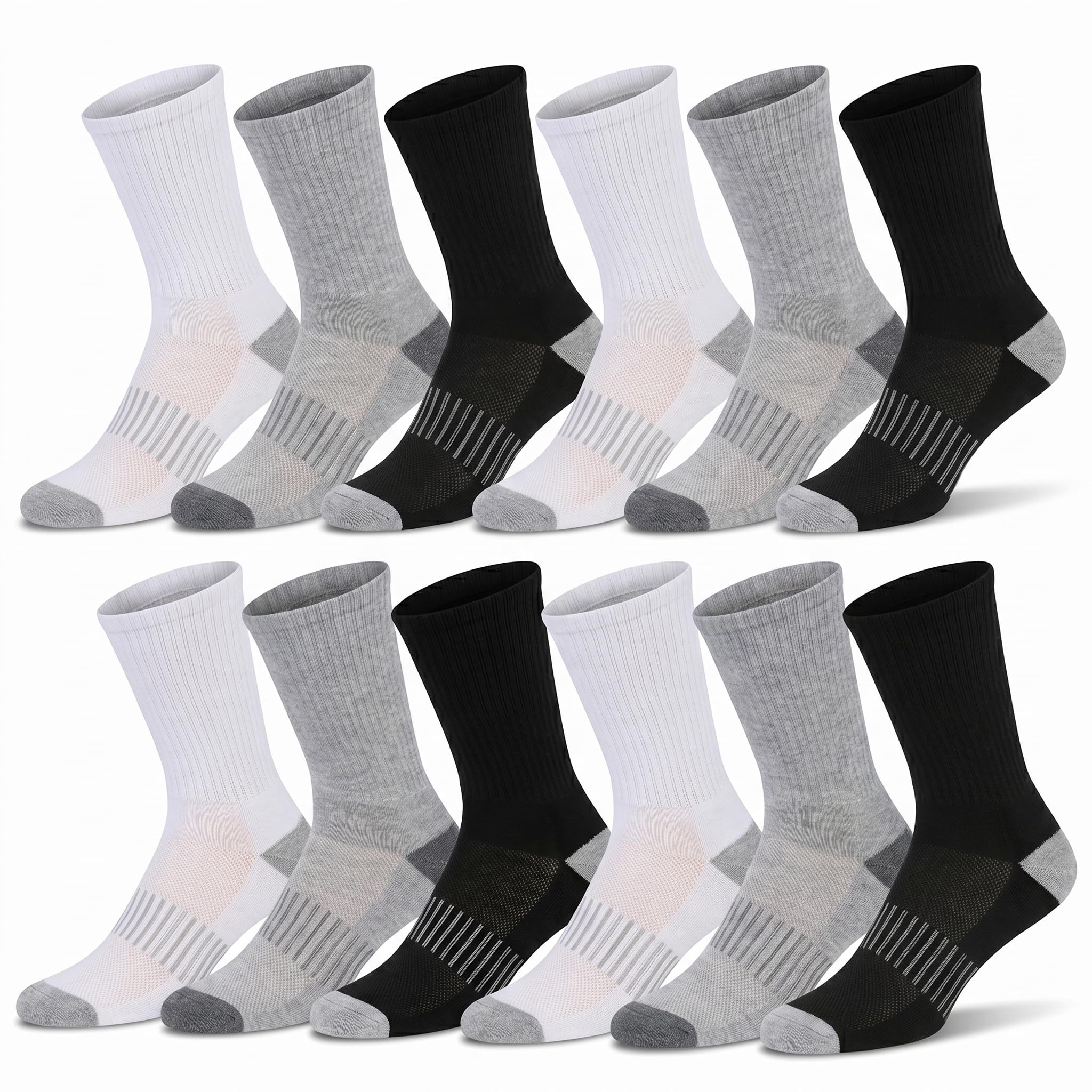 Eight pairs of crew socks arranged in two rows of four on a light gray background. The socks come in white, light gray, and black colorways, with ribbed cuffs and striped cushioning zones on the sides.