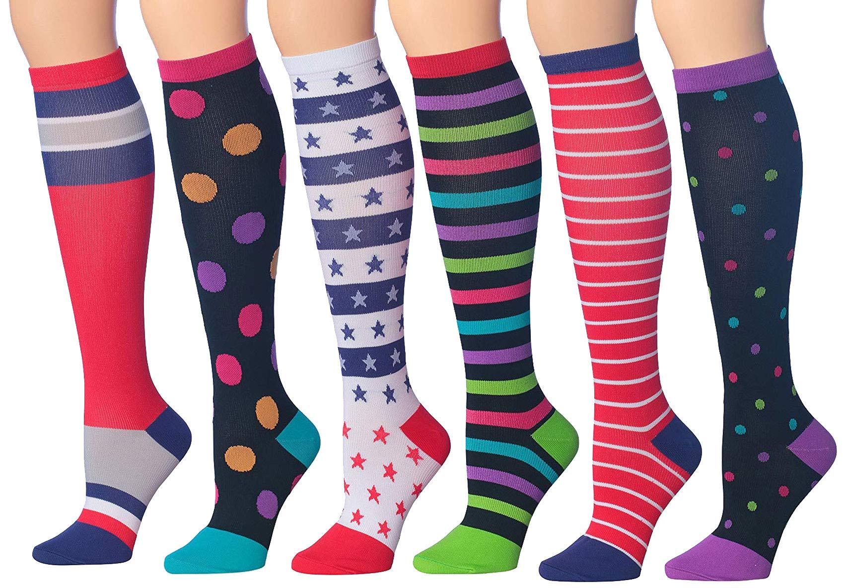 RONNOX Compression Socks for Men & Women Colorful Patterned Knee High Socks (16-20 mmHg / 12-14 mmHg) 6-Pairs CP01-BC - Socks