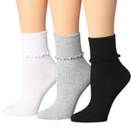 Womens White/Grey/Black Solid Lettuce Edge Lightweight Crew Length With Cuff Ruffle Socks For Women - Socks