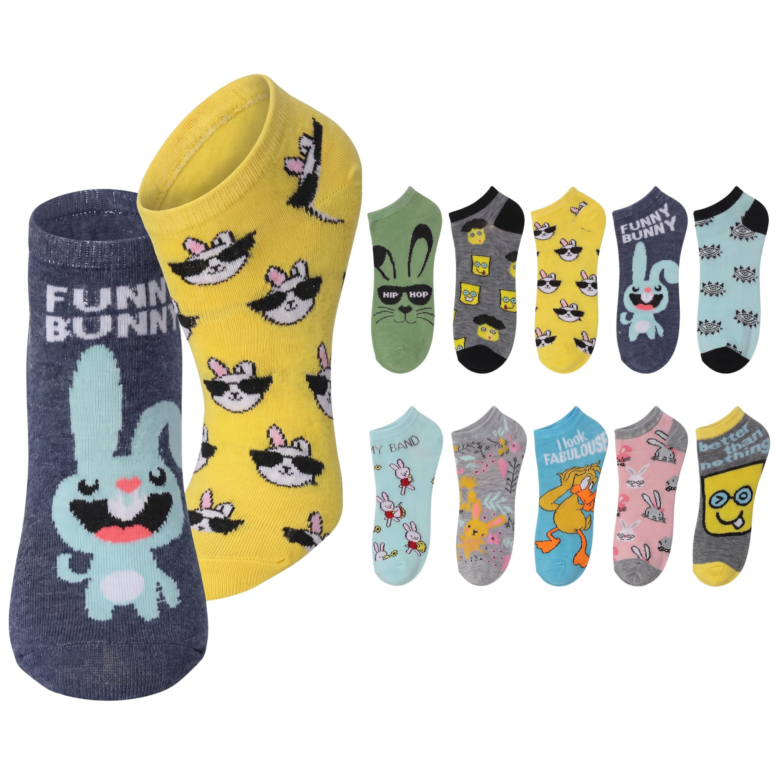 A set of novelty low-cut socks with cartoon bunny and face patterns, displayed on a clean white background. The collection includes multiple colors and designs, such as a navy blue sock with a light blue bunny and the text 'FUNNY BUNN', a yellow sock with black-and-white bunny faces, a green sock with a bunny wearing sunglasses, and several other colorful designs.