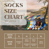 Sock size chart with colorful socks against a scenic background
