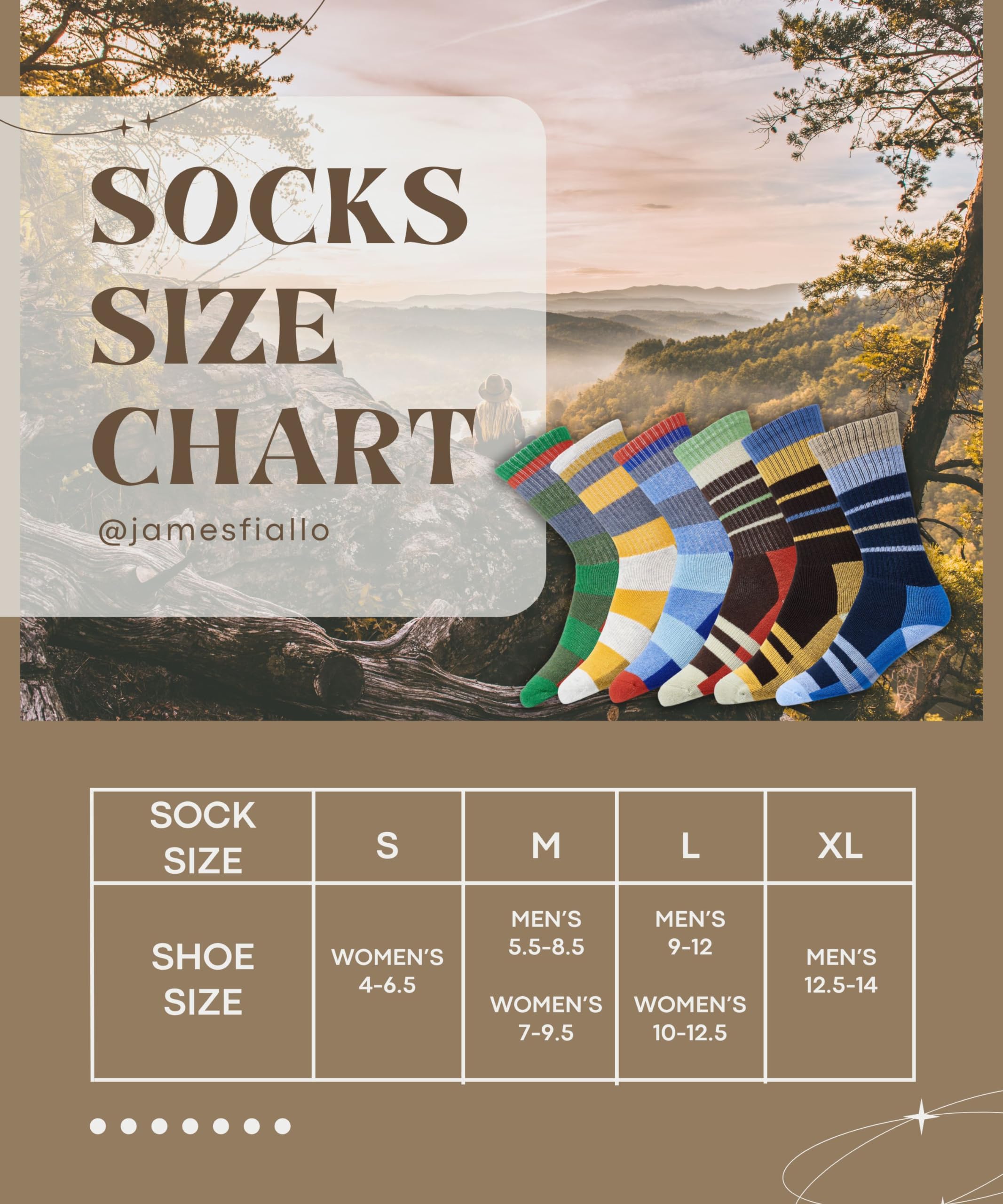 Sock size chart with colorful socks against a scenic background