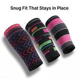 Three athletic compression sleeves with colorful geometric patterns on a white background, featuring the brand name RONNOX and the text 'Snug Fit That Stays in Place' at the top.