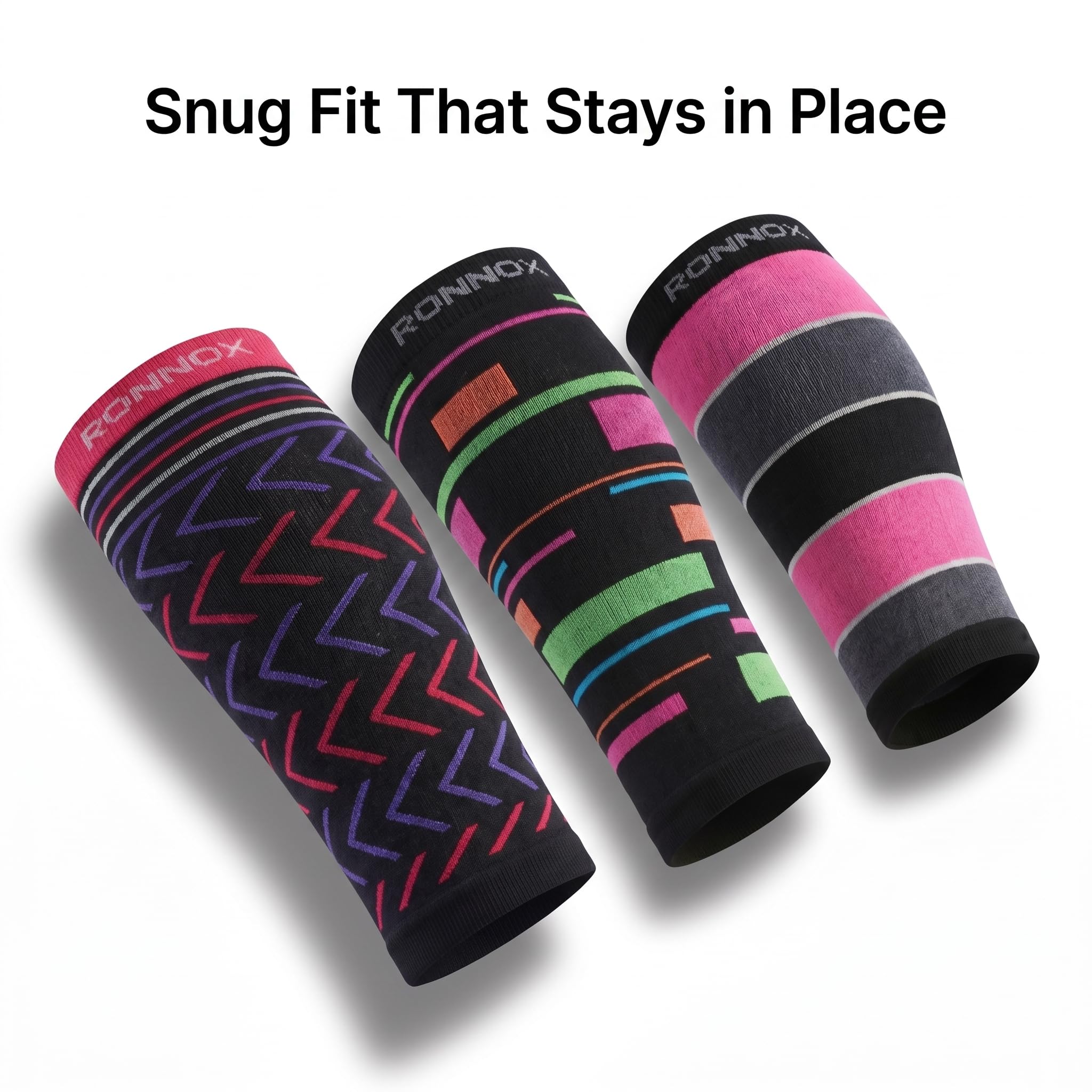 Three athletic compression sleeves with colorful geometric patterns on a white background, featuring the brand name RONNOX and the text 'Snug Fit That Stays in Place' at the top.