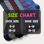 A size chart graphic showing multiple pairs of striped socks in different colors, with overlaid text reading 'SIZE CHART' and sizing conversions for sock size and shoe size.