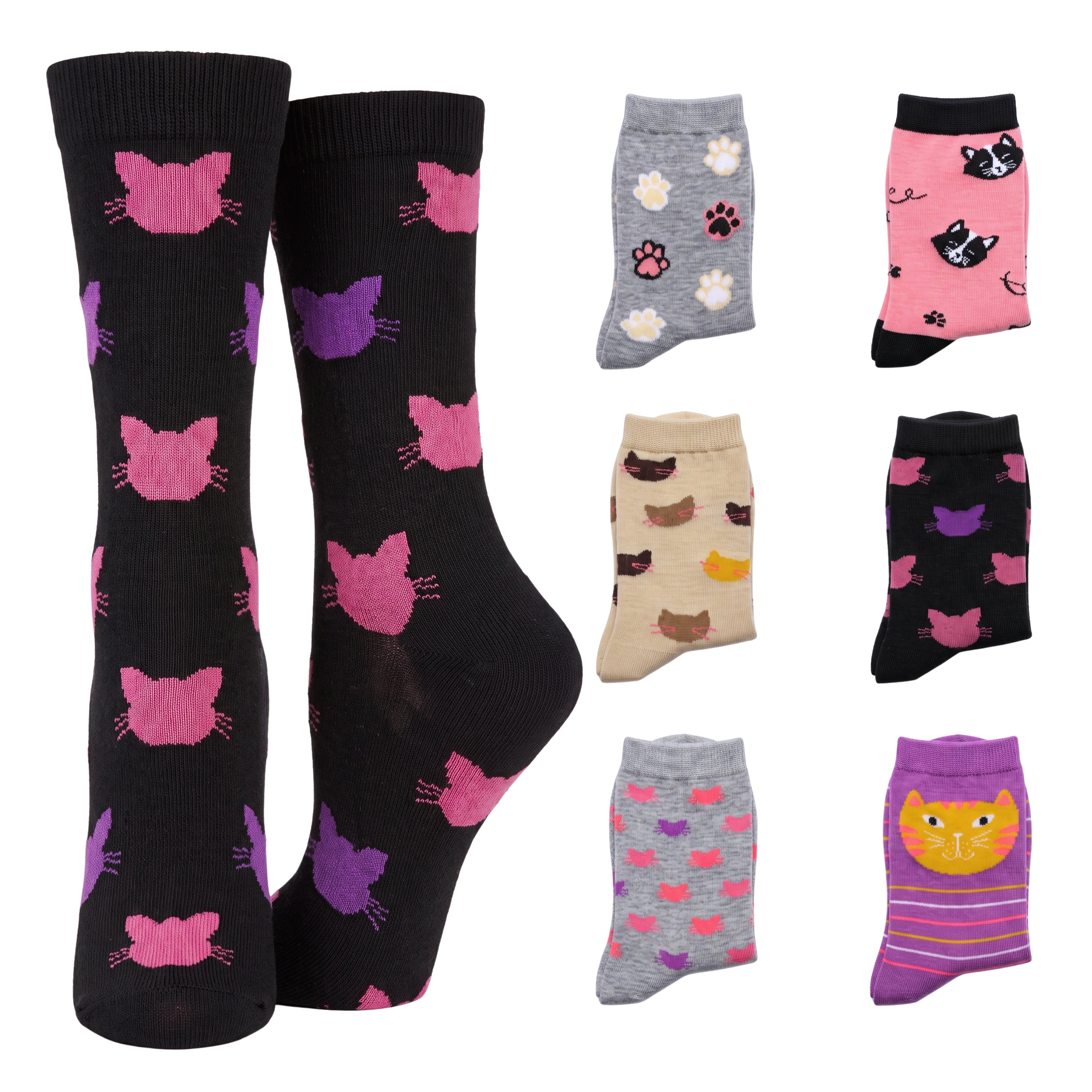 A product collage showing multiple pairs of socks with cat-themed patterns. The main pair on the left is black with pink and purple cat faces.