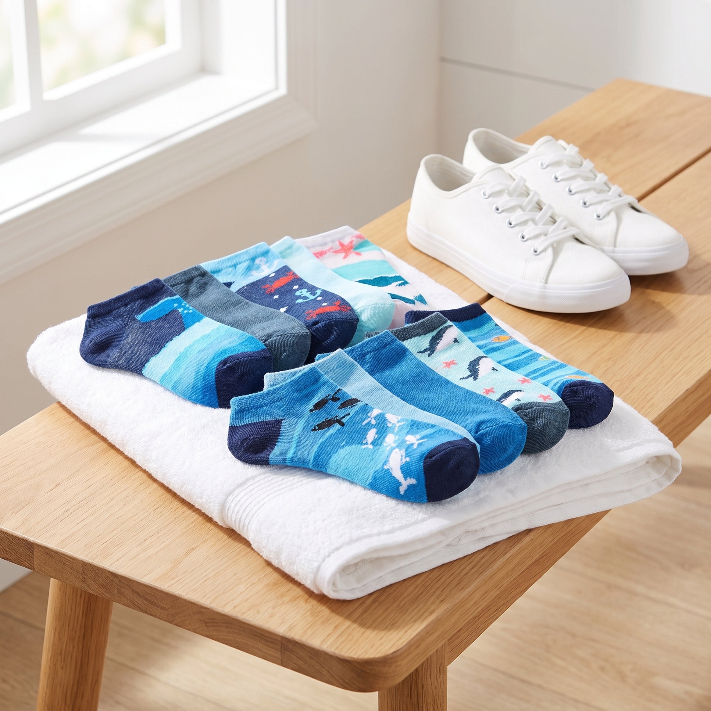 A set of six children's ankle socks with blue ocean and whale patterns is displayed on a white towel on a wooden table, next to a pair of white canvas sneakers.