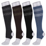 Four knee-high compression socks displayed on white mannequin legs against a plain white background. The socks come in four colorways: dark gray with silver glitter stripes, dark brown with gold glitter stripes, black with silver glitter stripes, and blue with light blue stripes.