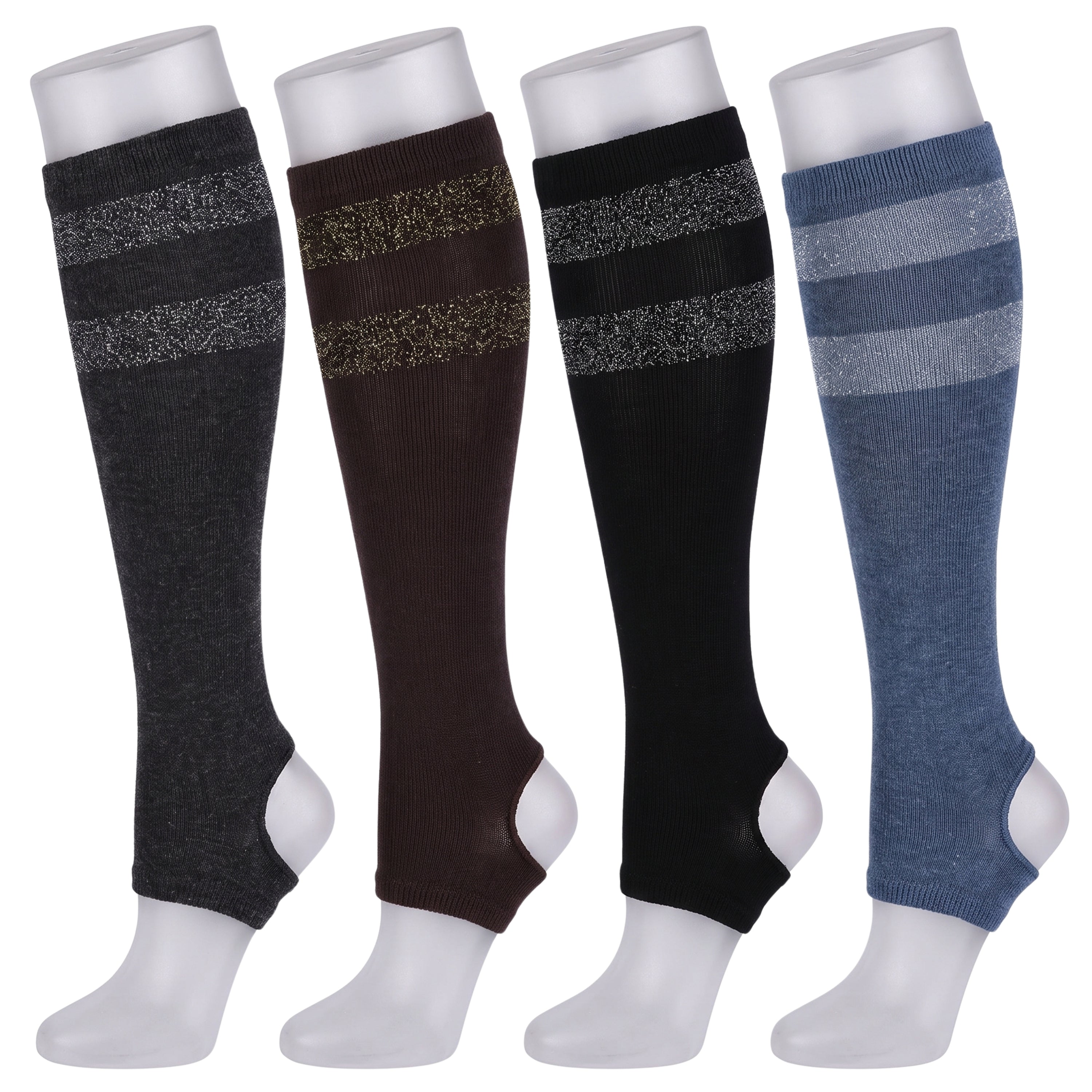 Four knee-high compression socks displayed on white mannequin legs against a plain white background. The socks come in four colorways: dark gray with silver glitter stripes, dark brown with gold glitter stripes, black with silver glitter stripes, and blue with light blue stripes.
