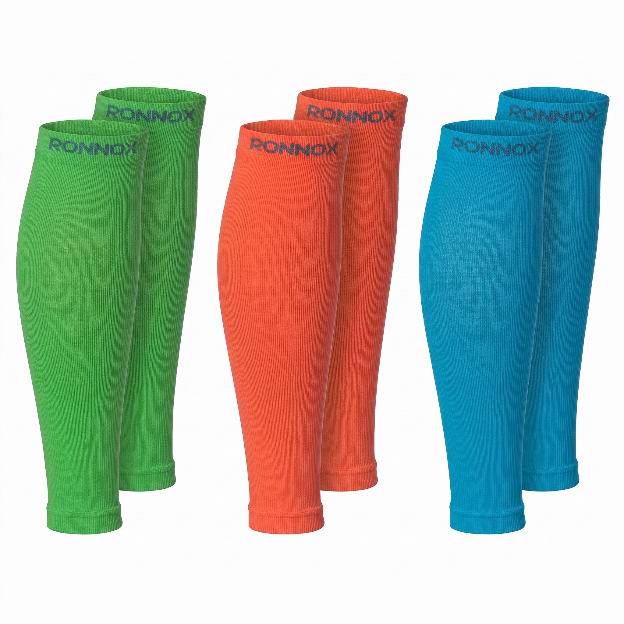 Four pairs of ribbed compression calf sleeves in green, orange, and blue, arranged in pairs on a white background. Each pair features the brand name 'RONNOX' printed in dark gray on the top cuff.