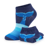 A pair of low-cut ankle socks in shades of navy, blue, and light blue, featuring a whale tail and bubble pattern, shown on a white background.