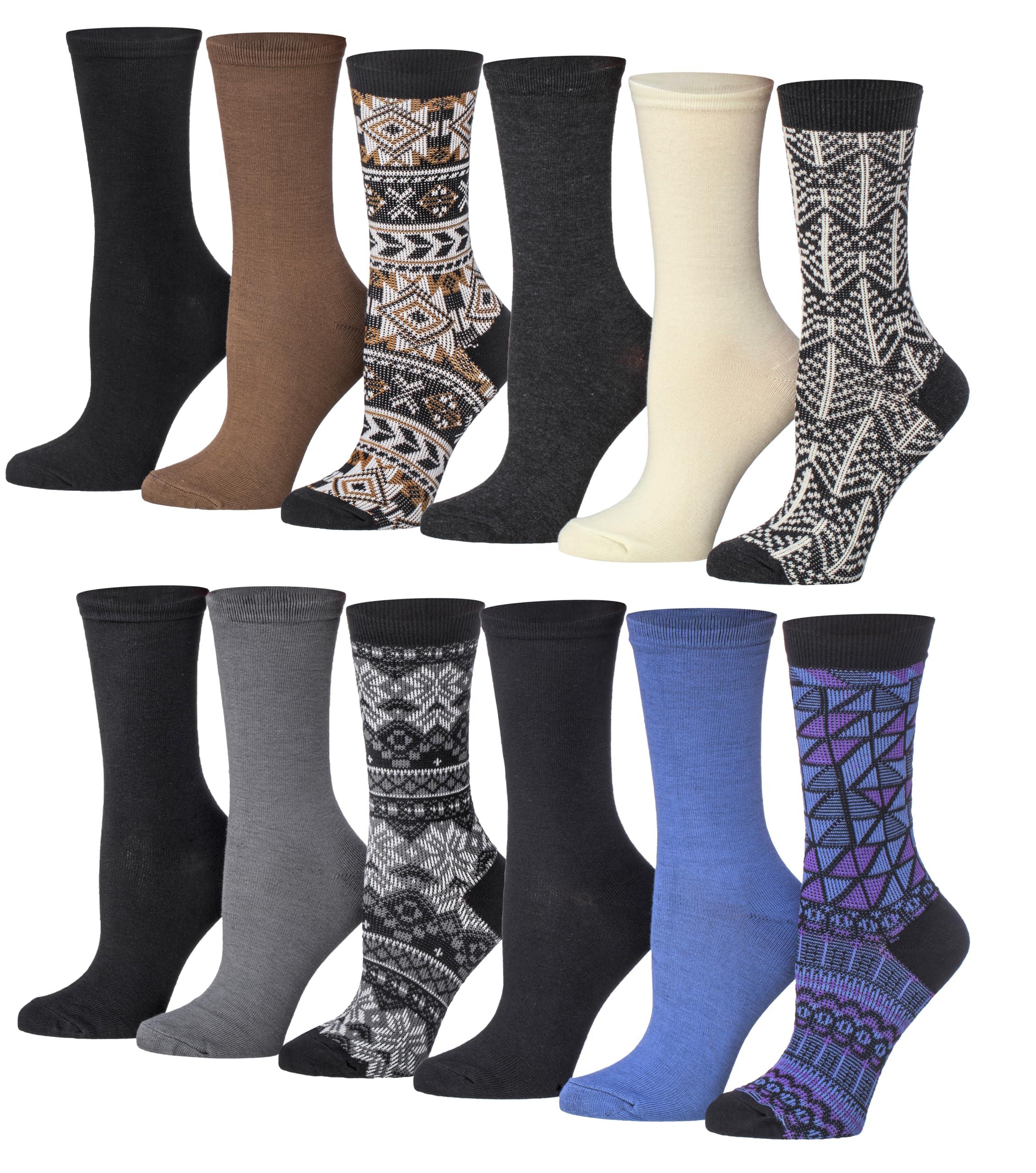 Tipi Toe Women's 12-Pairs Colorful Earthy Nordic Mix Patterned Crew Dress Socks - Tipi Toe Socks