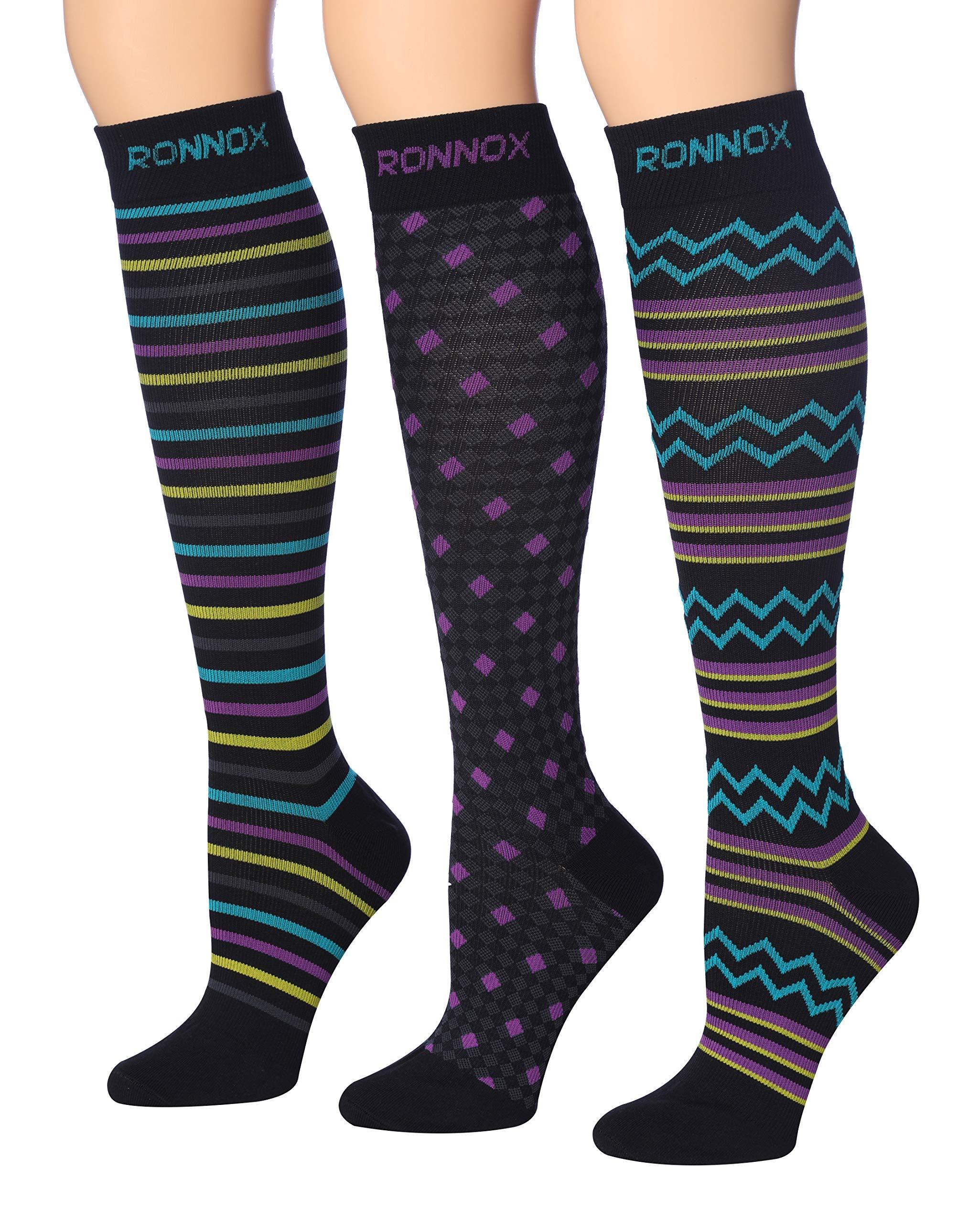 RONNOX Compression Socks for Men & Women Colorful Patterned Knee High Socks (16-20 mmHg / 12-14 mmHg) 3-Pairs CP10 - Socks