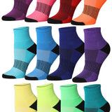 Tipi Toe Women's 12-Pairs Running & Athletic Sports Performance Rainbow Spectrum Black-Checkered Center Ankle/Quarter Socks