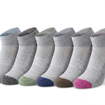 Six low-cut ankle socks arranged in a row on a white background, each in a different colorway with a heather gray ribbed body and contrasting toe and heel colors including blue, gray, green, navy, brown, and pink.