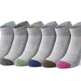 Six low-cut ankle socks arranged in a row on a white background, each in a different colorway with a heather gray ribbed body and contrasting toe and heel colors including blue, gray, green, navy, brown, and pink.